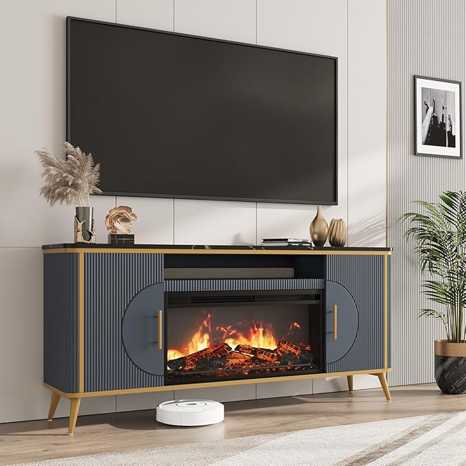 Fluted Fireplace TV Stand Up to 80" TVs, Modern Entertainment Center with 30" Electric Fireplace, Luxury Media Console with Adjustable Shelves for Living Room, Navy Blue