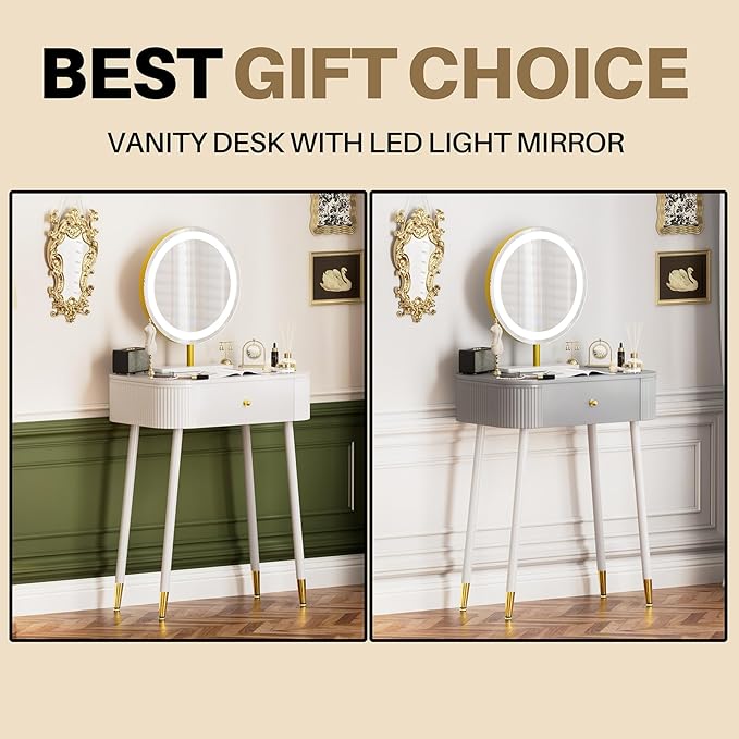 WinZo 24" Vanity Desk with Mirror and Lights, Small Makeup Vanity Table with 1 Storage Drawers, 3 Color Touch Screen Stylish Dressing Table for Small Spaces & Bedroom, White