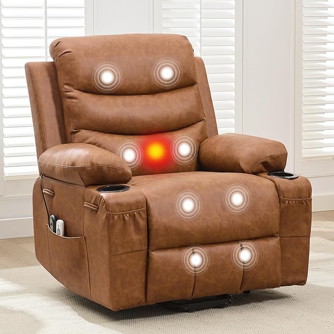 Power Lift Recliner PU Chair for Elderly, with Massage & Heat, Big and Tall Living Room or RV Single Sofa for Adults, 135° Reclining Accent Chairs, 2 Cup Holders and Side Pockets (Brown Leather)