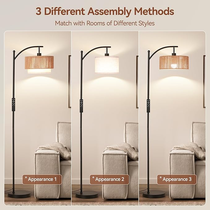 SUNMORY Floor Lamps for Living Room with 12W Remote and Dimmable Bulb, LED Arc Lamp, Farmhouse Floor Lamps with Adjustable Rattan & Fabric Shades, Boho Standing Lamp for Bedroom, Corner, Home Decor
