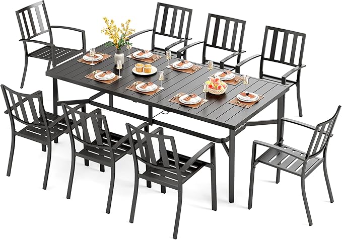 PHI VILLA 9 Pieces Outdoor Dining Set for 8, Large Rectangular Metal Table with Umbrella Hole & Stackable Wrought Iron Chairs, Dining Furniture for Patio, Deck, Yard, Porch