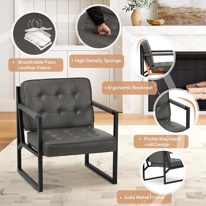 COLAMY Accent Chairs Set of 2, Modern Accent Arm Chairs for Living Room, Comfy Leather Armchairs with Metal Legs for Bedroom Reception Room, Grey