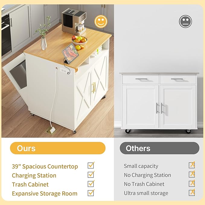 DWVO Kitchen Island with Power Outlet, 40 inch Rolling Island Table with Trash Can Cabinet fits Double 10-Gallon Bin, Square Mobile Storage Islands with Tilt Out Garbage Bin Cabinet, White Oak