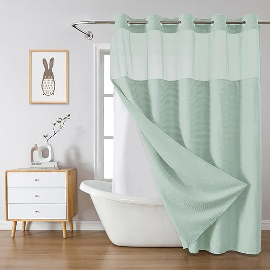 MintGreen No Hook Waffle Weave Shower Curtain with snap-in Liner Replacement, 230GSM Waterproof Fabric Hotel Shower Curtain Set for Bathroom, Through Mesh Top Window,71Wx77H