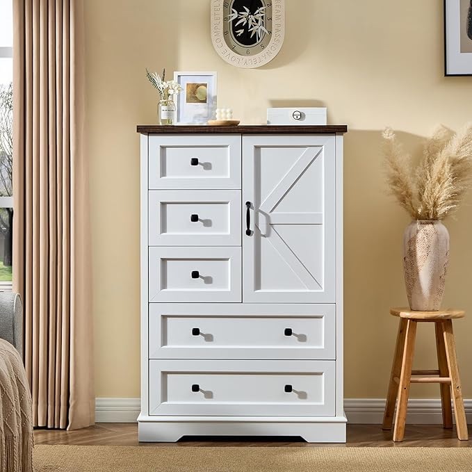 LIDYUK 5 Drawer White Dresser for Bedroom Farmhouse Dresser Chest of Drawers, 48" Tall Clothes Organizer with Storage Cabinet Wood Chest of Drawers for Bedroom, Living Room