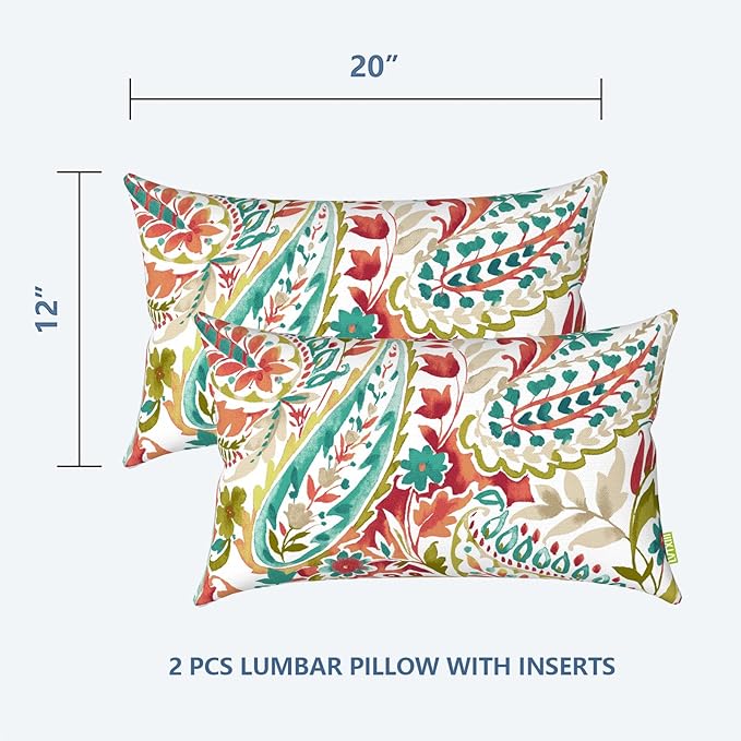LVTXIII 12×20 Inch Outdoor Lumbar Pillows, Pack of 2 Water Repellent Lumbar Pillow with Inserts, Fluffy Decorative Garden Lumbar Cushions for Home Patio Coach Sofa Use, Pretty Paisley