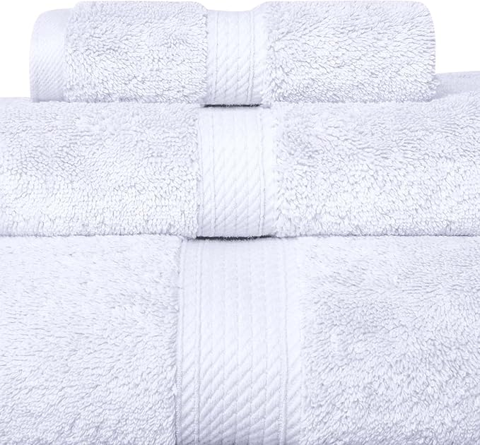 Superior Egyptian Cotton Pile 3 Piece Towel Set, Includes 1 Bath, 1 Hand, 1 Face Towel/Washcloth, Ultra Soft Luxury Towels, Thick Plush Essentials, Guest Bath, Spa, Hotel Bathroom, White