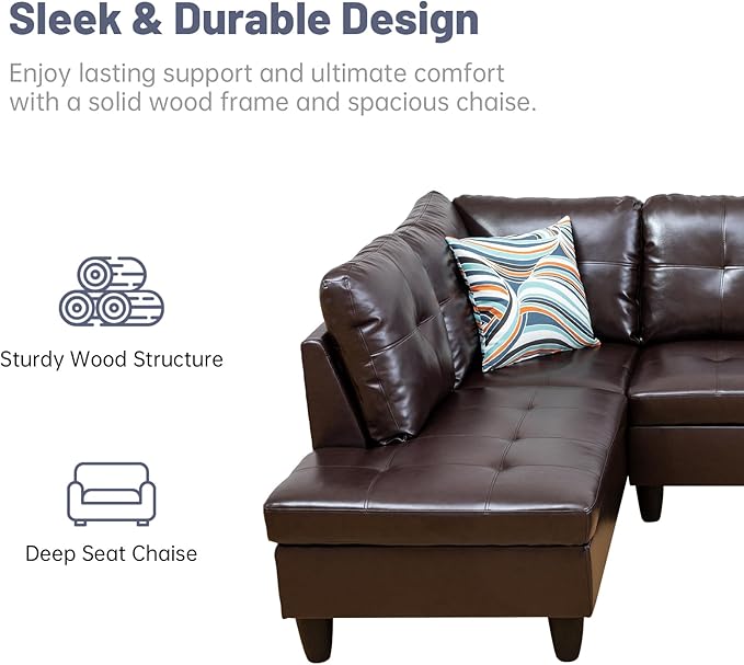 L-Shape 3-Piece Cloud Sofa, Couch for Living Room, Brown Faux Leather L-Shape with Reversible Chaise & Storage Ottoman, Ergonomic 110–115° Recline, Solid-Wood Frame