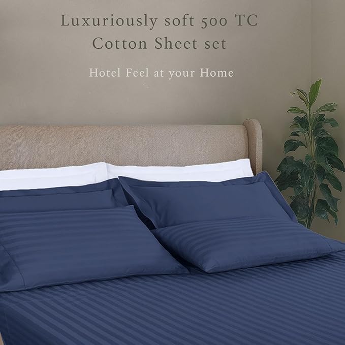 Threadmill 500 Thread Count King Size Damask Stripe, 4 Pc Luxury Cotton Bed Sheet Set, Breathable Folkstone Blue Sheets with 16" Elasticized Deep Pocket, 2 Pillowcases & Free Tote Bag