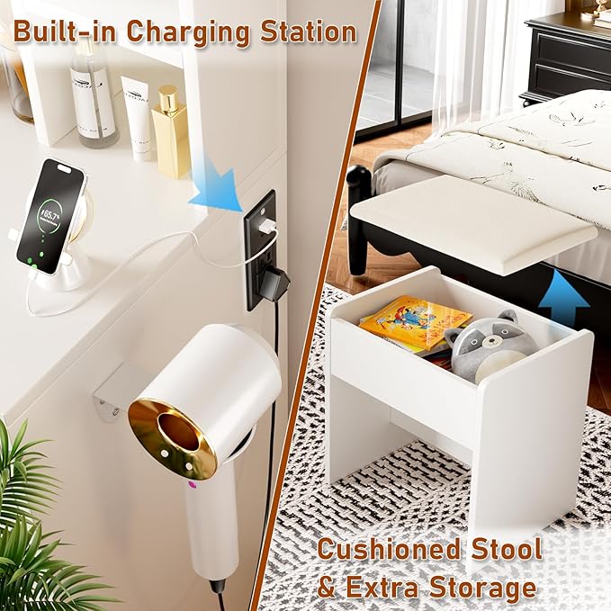 Vanity Mirror with Lights Desk and Chair: Make up Vanity with Mirror and Lights, Vanity Dresser with Drawers and Stool, for Bedroom Dressing Room (White)