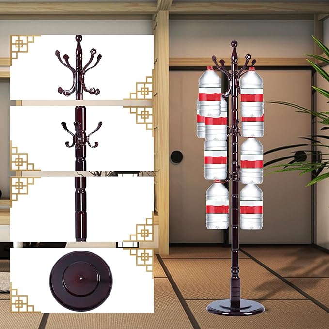 Coat Rack Freestanding, Wooden Tree Coat Rack Stand with 3 Adjustable Sizes Coat Tree and 14 Hooks, Sturdy Hall Tree with Solid Round Base for Entryway, Hallway,Bedroom (Rosewood Ruyi Hook)
