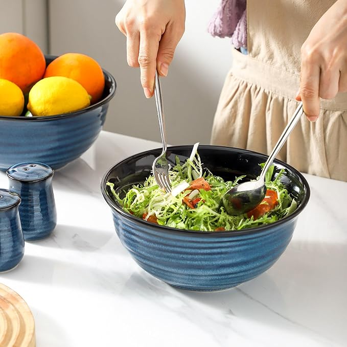 MEKY 65oz Ceramic Mixing Bowls Set of 2, Deep Large Ribbed Serving Bowls for Salad, Pasta, Ramen, Soup, Durable Kitchen Bowl Set, Microwave Oven Dishwasher Safe Porcelain，Blue