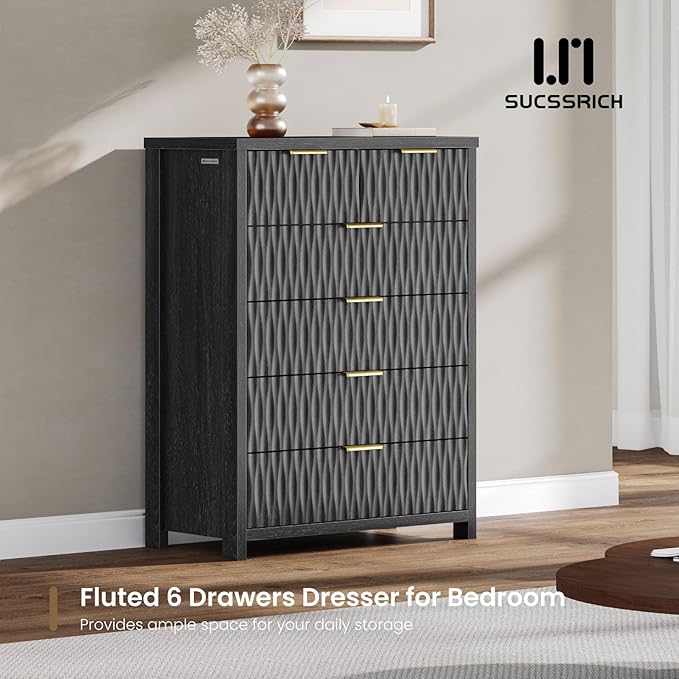 6 Drawers Dresser, 43.7" Tall Drawers for Bedroom, Extra-Thick Tabletop & Frame, Modern Chest of Wood Drawer Organizer for Bedroom, Living Room, Hallway, Entryway, Black