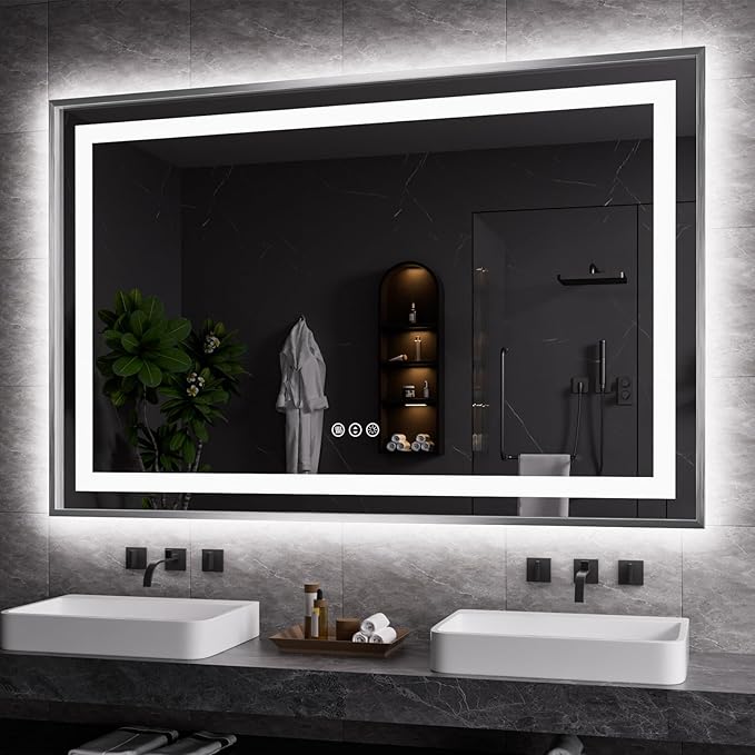 Amorho 55"X36" LED Bathroom Mirror, Brushed Nickel Framed Mirror with Front Light and Backlit, Stepless Dimmable, Anti-Fog, Shatter-Proof, Memory, 3 Colors