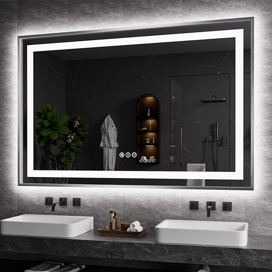 Amorho 55"X36" LED Bathroom Mirror, Brushed Nickel Framed Mirror with Front Light and Backlit, Stepless Dimmable, Anti-Fog, Shatter-Proof, Memory, 3 Colors