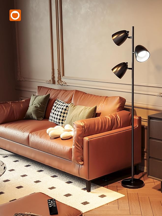 addlon Tree Floor Lamp with Remote, 3 Adjustable Rotating Light and Matching LED Bulbs, Standing Tall Pole Lamps for Living Room, Bedroom, Home, Office - Black