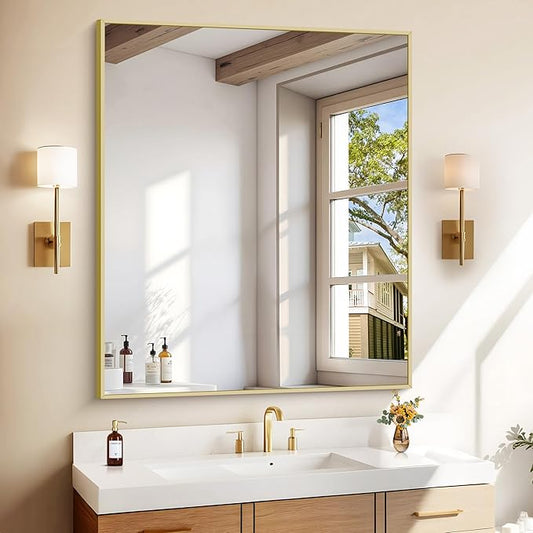 KOCUUY Gold Bathroom Mirror, 30"x36" Rectangle Bathroom Mirror for Wall, HD Tempered Glass, Anti-Rust Frame, Modern Design for Bathroom, Bedroom, Living Room, Entryway