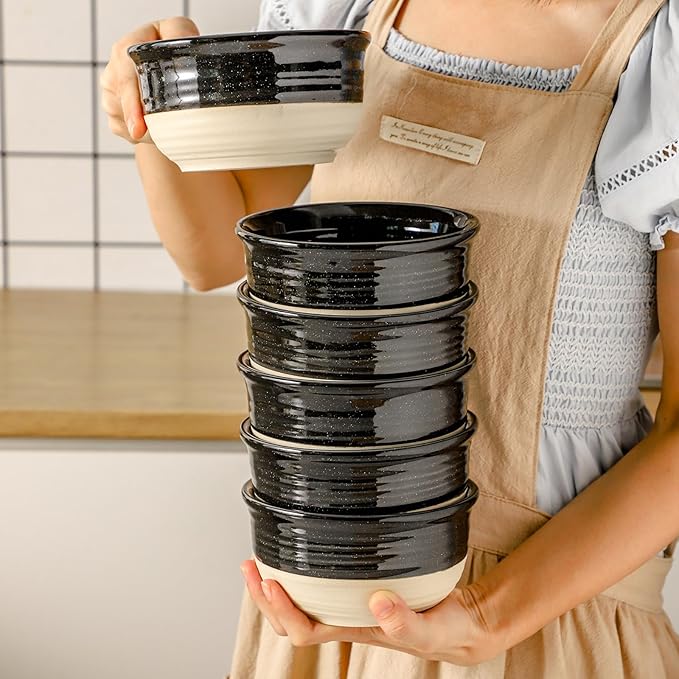 HASENSE Ceramic Soup Bowls and Cereal Bowls, 20 OZ Bowls for Kitchen Set of 6, Stackable Bowls Set for Ramem, Salad, Oatmeal, Rice, Snack, Dishwasher Microwave Safe, Black