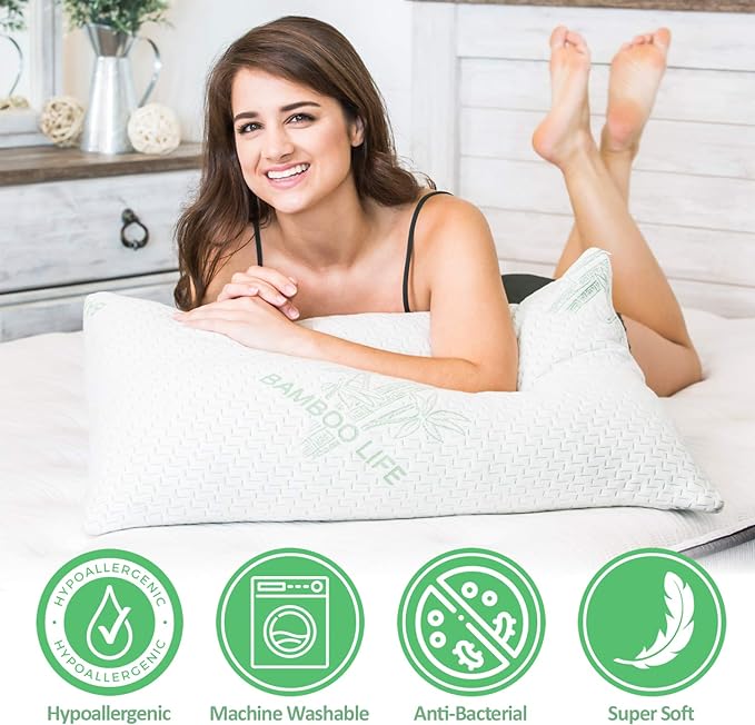 2 Pack Queen Size Rayon Derived from Bamboo Pillow, Shredded Memory Foam Bed Pillows Sets for Side, Back and Stomach Sleepers, Washable Cover, Cooling and Adjustable, Queen (Pack of 2)
