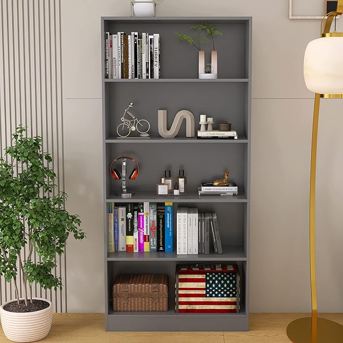 Wood Bookcase 5-Shelf Freestanding Display Shelf Organizer Wooden Bookshelf for Home Office School (Grey 11.8" D x 31.5" W x 67.9" H)