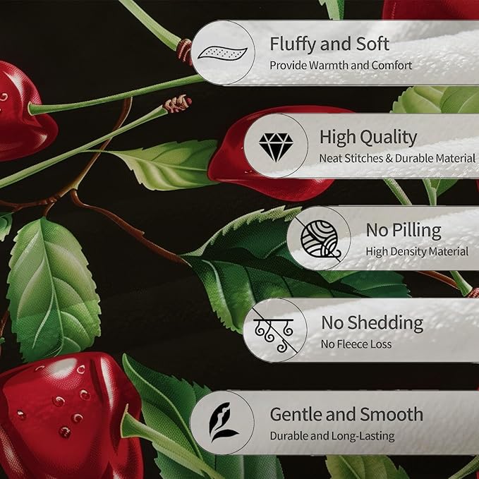 Cherry Blanket - Ultra Soft, Fluffy, Lightweight Fruit Flannel Throw Blankets for Couch, Bed, Travel, Outdoor - Cozy, Fuzzy Home Decor, for Adults Kids Women Boys Girls 60×50 in