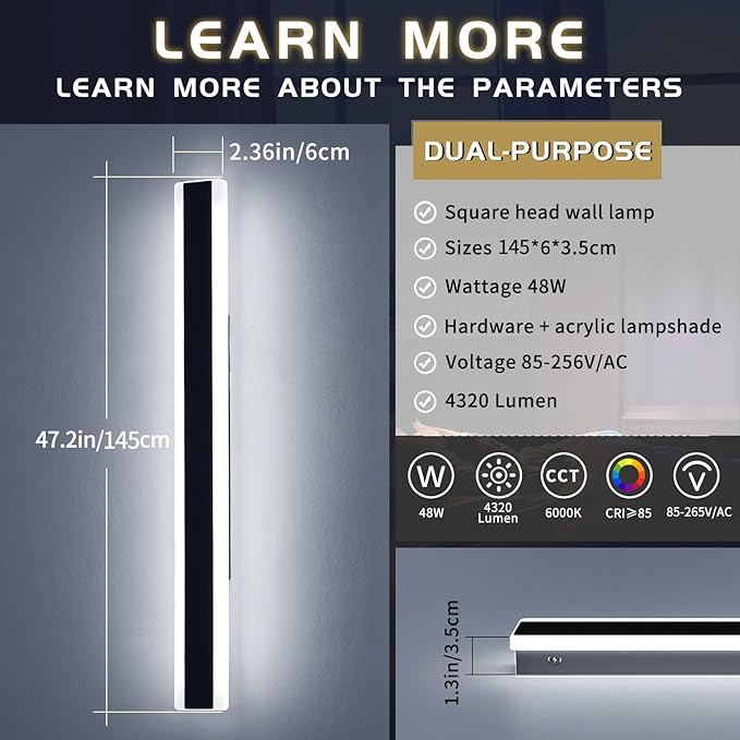 Mikeru 57inch Long Led Wall Light, 6000k Cool White Modern Outdoor Wall Light Ip65 Waterproof Black Acrylic Porch Exterior Lighting Fixtures, Exterior Wall Mount Lights for Garage Front Door