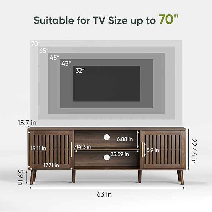 63" TV Stand, Mid-Century Modern Media Console with 2 Louvered Doors, Adjustable Shelves, Entertainment Center with Golden Handles for Living Room, Bedroom, Walnut