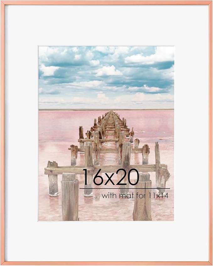 16x20 Metal Picture Frame For Wall With Mat For 11x14, 16''x20'' Aluminum Photo Frames With Tempered Glass, Minimalist Modern Poster Frame Horizontal And Vertical Formats, Rose Gold