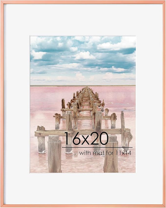 16x20 Metal Picture Frame For Wall With Mat For 11x14, 16''x20'' Aluminum Photo Frames With Tempered Glass, Minimalist Modern Poster Frame Horizontal And Vertical Formats, Rose Gold