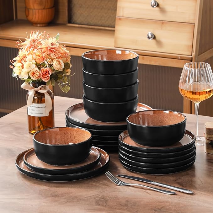 vancasso Plates and Bowls Sets, 18 Pieces Stoneware Dinnerware Sets for 6, Kitchen Dish Set Mircowave and Dishwasher Safe Dinner Set Ceramic Dishware, Brown, Series AMBER