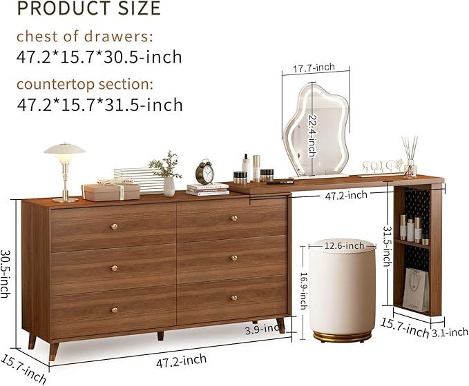 Vanity Desk with Mirror and Lights for Bedroom Furniture, Makeup Table and Chair Stool Set for Girls' Vanities,Dressing Table with A 6-Drawer Dresser and 3 Color Lighting Modes