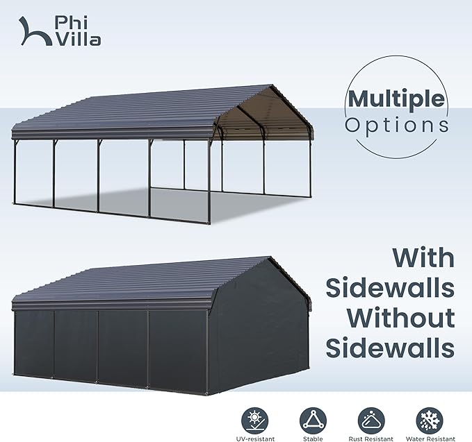PHI VILLA 2 car Metal Carports 20 x 20 ft Carport with Galvanized Steel Roof, Sturdy Heavy Duty Metal Carport for Cars, Boats, and Tractors