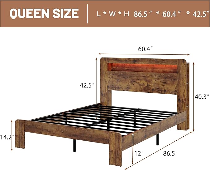 Wood Queen Size Bed Frame with Headboard, Farmhouse Platform Bed Frame with Bookcase Shelf,LED Lights,Charging Station,Heavy Duty Supports,No Box Spring Needed,Dark Brown