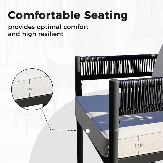 Grand patio Outdoor Dining Set, 7-Piece Patio Table and Chairs Set, Metal Woven Wicker Fixed Patio Chairs with Thickened Cushions & 1 Rectangular Woodgrain Dining Table with Umbrella Hole (Black)