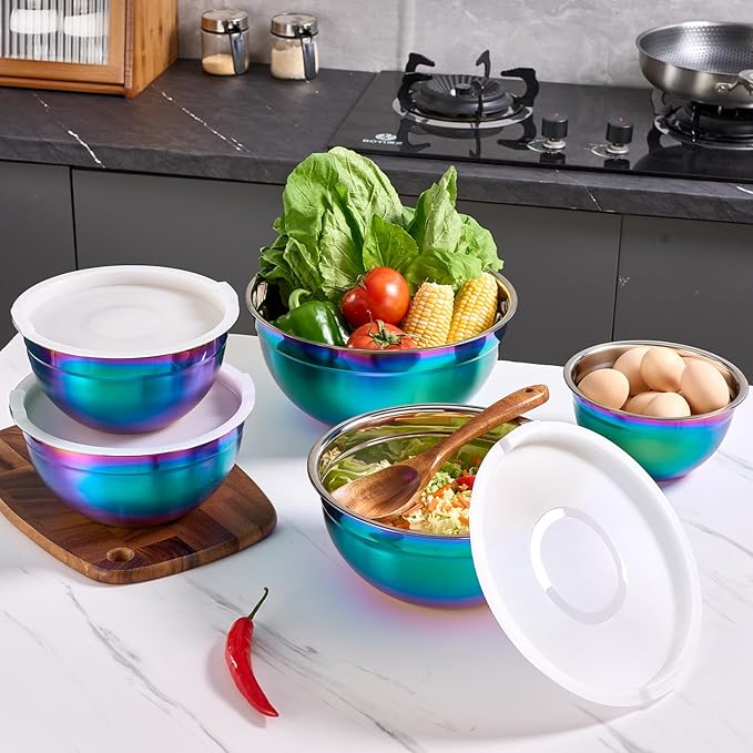 Colorul Mixing Bowls with Airtight Lids, Stainless Steel Nesting Mixing Bowls Set of 5, Ideal for Baking, Prepping and Serving Food, Size 5.5, 3.6, 2.7, 2.1, 1.5, QT, Stackable Design