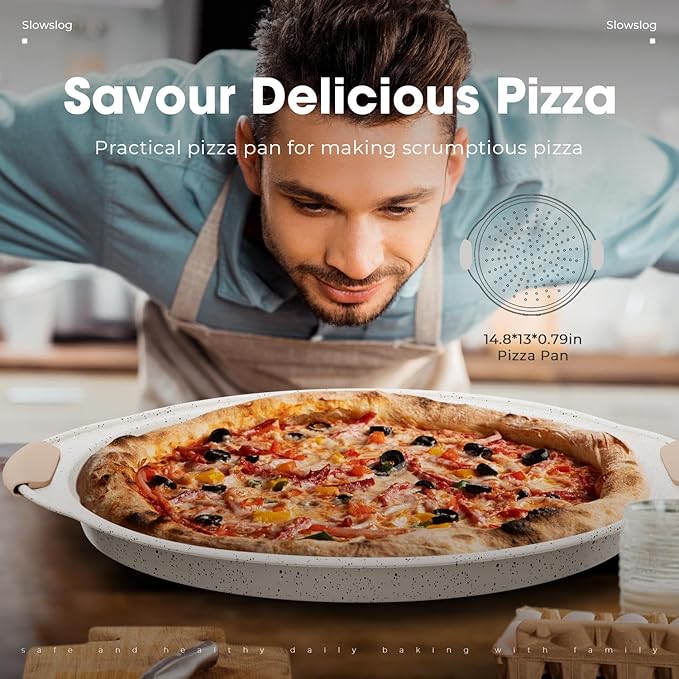 11-Piece Baking Pans Set Nonstick, Stackable Bakeware, Toxin-Free Baking Pans Set with Silicone Handles, Includes Cookie Sheets, Cake Pan, Loaf Pan, Pizza Pan, Muffin Pan, White&Khaki