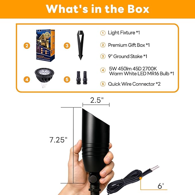 Spot Light Brass - Outdoor Landscape Spotlights LED, 12V Low Voltage Landscaping Uplights, Hard-Wired All Weather Black for Backyard Lawn with Warm White Changeable Bulbs (8 Pack)