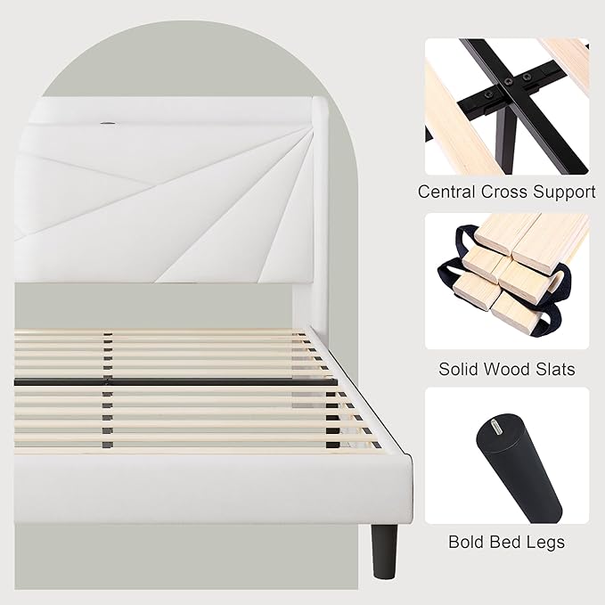 Feonase King Bed Frame with Charging Station, Velvet Upholstered Platform BedFrame with Wingback Storage Headboard, Solid Wood Slats Support, No Box Spring Needed, Noise Free, White