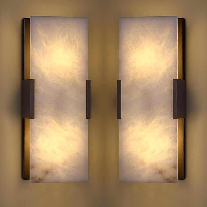 2 Pack 2 Light Natural Square Alabaster Marble Bathroom 15 Inch Wall Sconce Modern Concise Style Wall Light Fixtures,Oil Rubbed Bronze Finish for Bedroom Hallway Bedside Living Room
