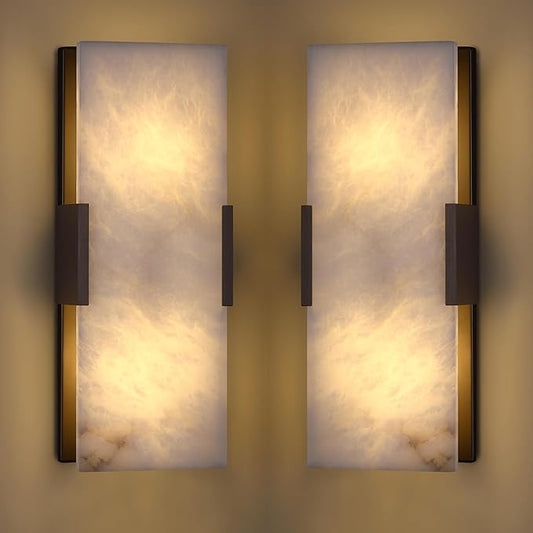 2 Pack 2 Light Natural Square Alabaster Marble Bathroom 15 Inch Wall Sconce Modern Concise Style Wall Light Fixtures,Oil Rubbed Bronze Finish for Bedroom Hallway Bedside Living Room