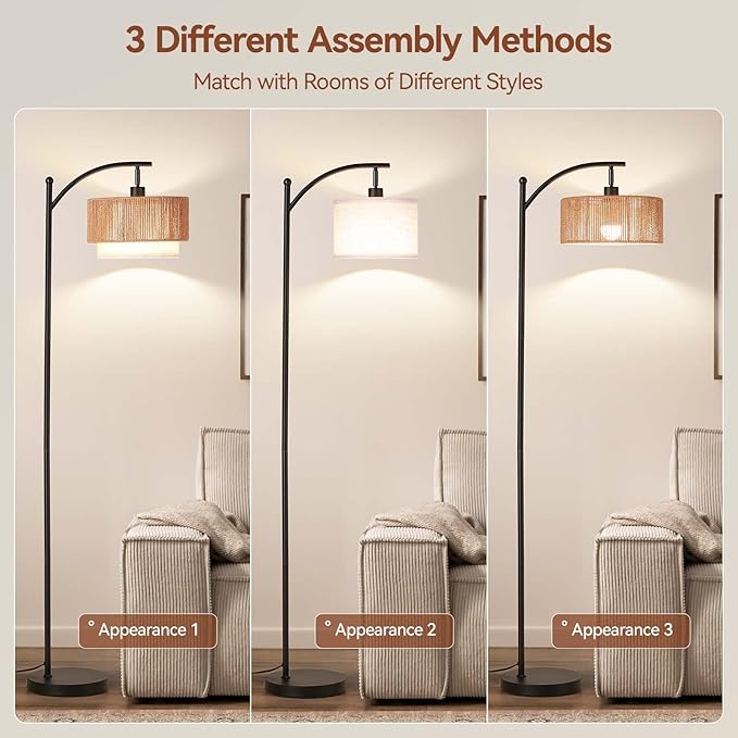 SUNMORY Floor Lamps for Living Room with 12W LED Bulb, Arc Floor Lamp with 3 Color Temperatures, Farmhouse Floor Lamps with Adjustable Rattan & Fabric Shades, Boho Standing Lamp for Bedroom, Corner