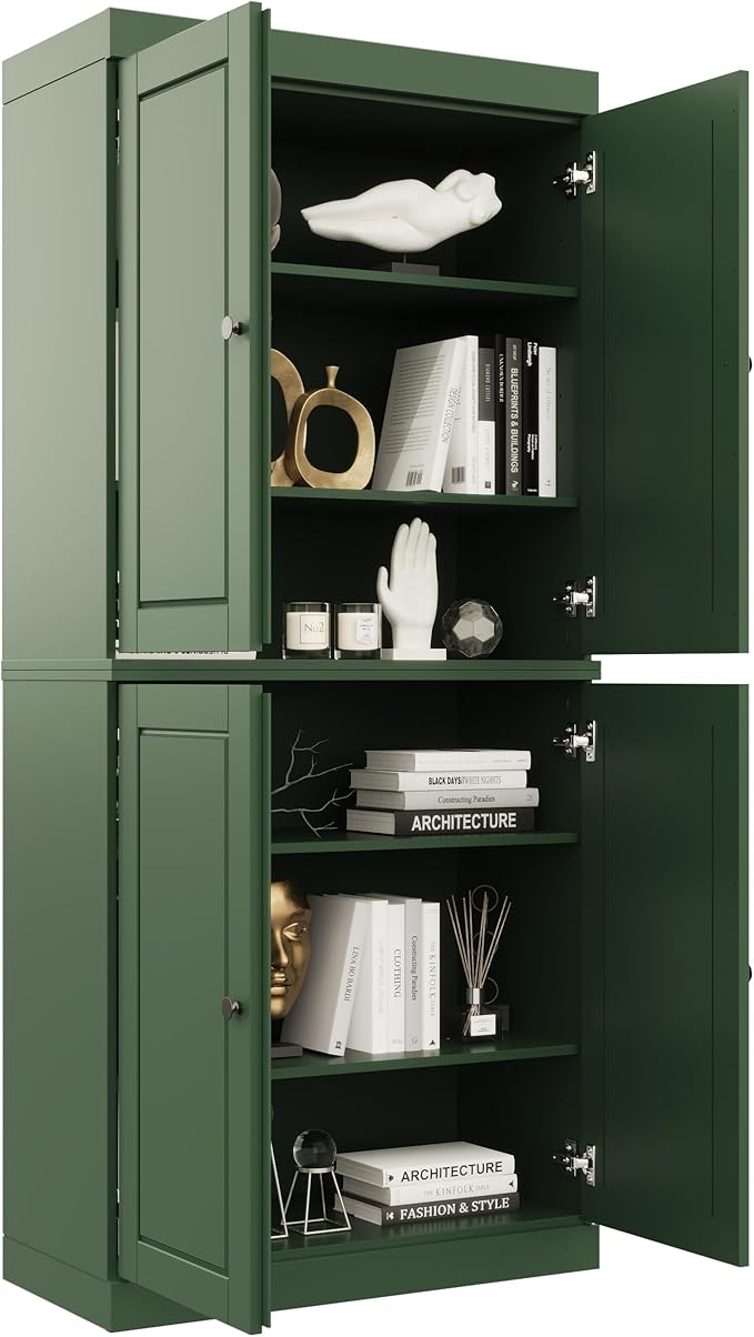 Palace Imports Solid Wood Bookcase - 6-Tier Bookshelf, 71.5” H - Green, Wooden Cabinet Doors & Adjustable Shelves, Tall Bookcase for Living Room, 100% Renewable Eco-Friendly Wood, Made in Brazil