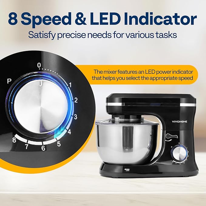 VIVOHOME 4.75 Quart Stand Mixer, 8 Speed Kitchen Electric Food Mixer, Household Stand Mixer for Baking, Cake, Bread with Beater, Dough Hook, Wire Whip and Egg Separator, Black