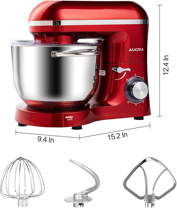 Aucma Stand Mixer,6.5-QT 660W 6-Speed Tilt-Head Food Mixer, Kitchen Electric Mixer with Dough Hook, Wire Whip & Beater 2 Layer Red Painting (6.5QT, Red)