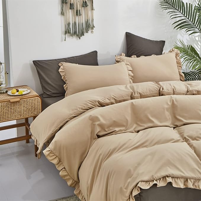 Luxlovery Champagne Ruffle Comforter Set Queen Farmhouse Shabby Khaki Bedding Comforter Set Queen Size Taupe Sand Color Quilts Blankets Vintage Shabby Soft Breathable Boho Bedding Set