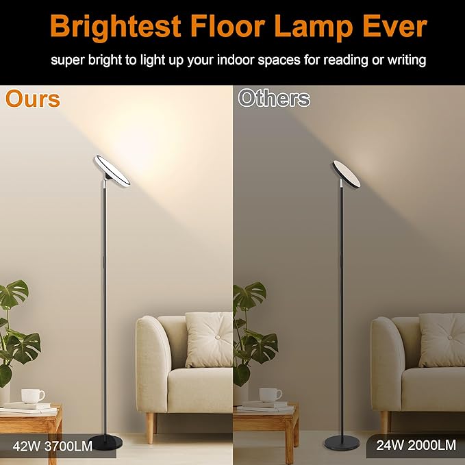 UFO Floor Lamp 71in, Upgraded 42W 3700LM LED Torchiere Floor Lamps for Living Room, Modern Tall Bright Standing Light with Remote, Dimmable Sky Light,1/2/3H Timer for Bedroom,Office(Black)