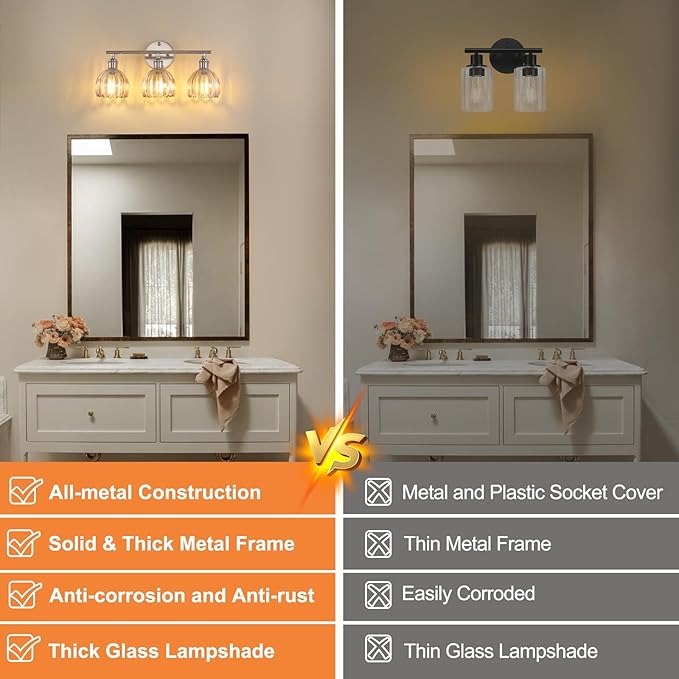 Bathroom Light Fixtures, 3-Light Vanity Wall Light Over Mirror with Amber Tulip Glass Shade for Bedroom Living Room, Satin Nickel