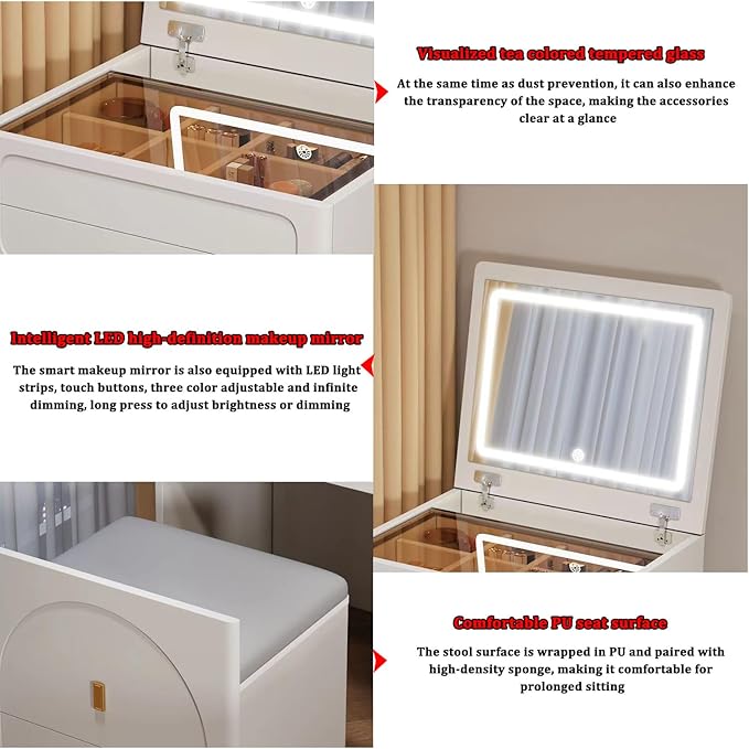 Compact Vanity Desk with Mirror, 3 in 1, Corner, Small Makeup with Stool, Flip Over Vanity Desk with Four Storage Areas and LED Mirror Light (White, 19.7in)