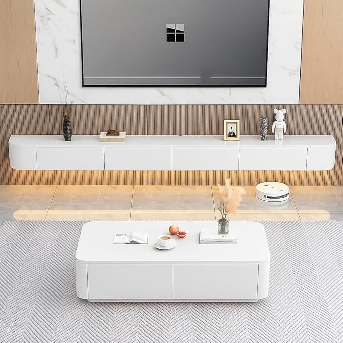 Floating TV Stand,47-118 Inch Wall Mounted TV Shelf,Modern Entertainment Center Media Console with Storage for Bedroom,Living Room (White with Light, 78.7")