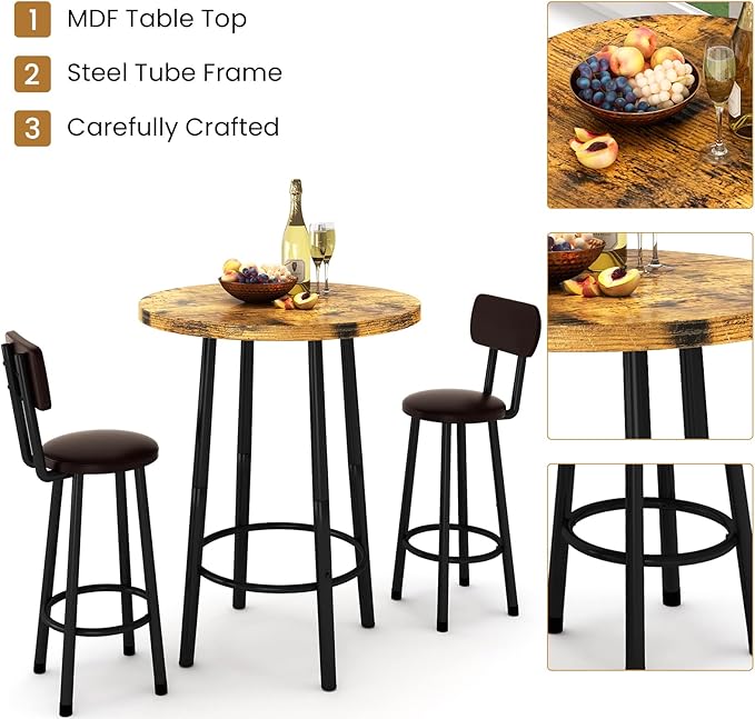 Recaceik 3 Piece Pub Dining Set, Modern Round bar Table and Stools for 2 Kitchen Counter Height Wood Top Bistro Easy Assemble for Breakfast Nook Living Room Small Space Restaurant, Rustic Brown 23.6"